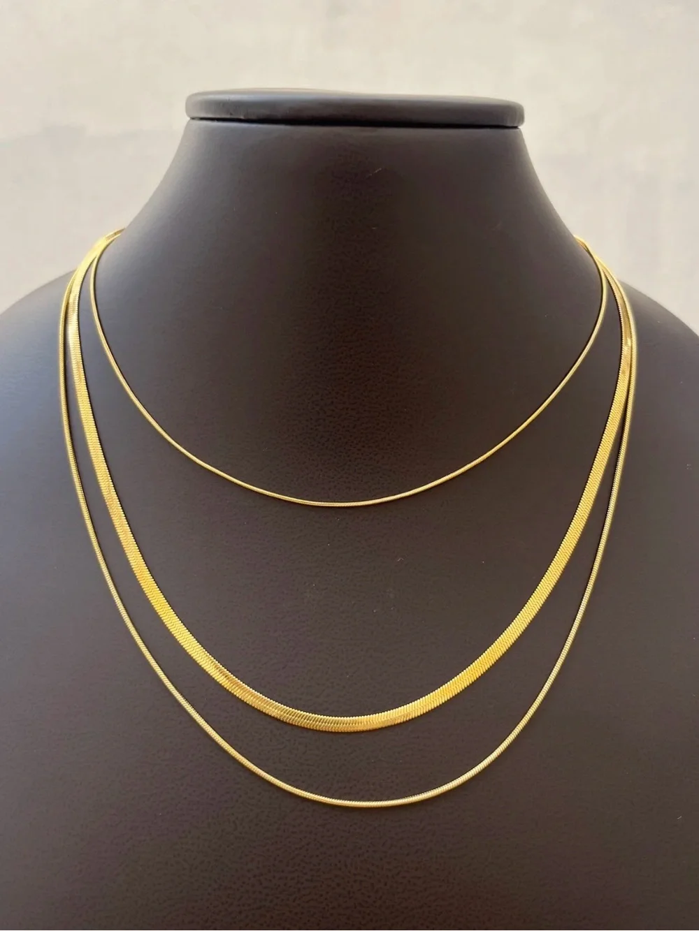 Titanium Steel Layered Herringbone & Snake Chain Tri-Strand Necklace 18k Gold